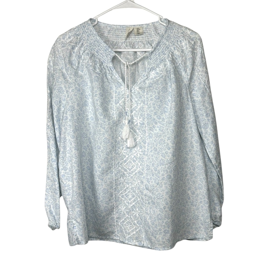 Joie Womens Blue Floral Embroidered Linen Blend Tassel Peasant Blouse Size M